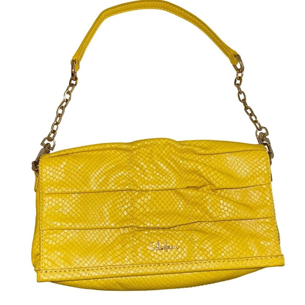 Cole Haan Womens Yellow Reptile Embossed Leather Convertible Clutch Shoulder Bag